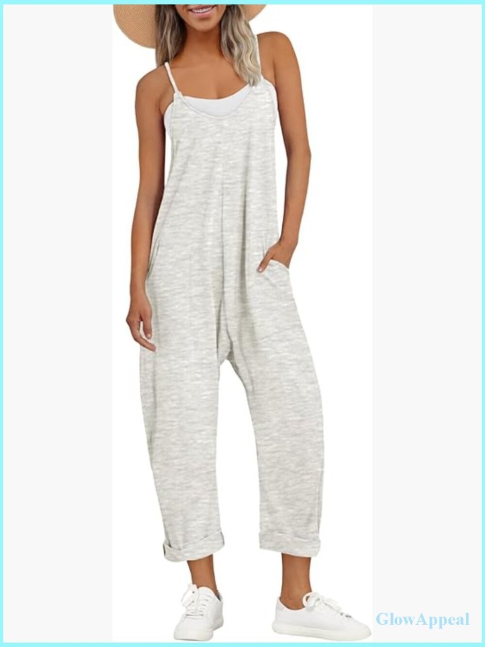 Women's Cotton Spandex Jumpsuit Spaghetti Strap V-Neck Pockets Loose Fit